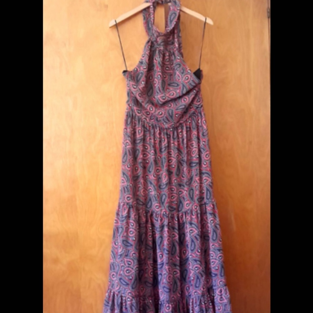 New Area Stars Halter Paisley Ted Blue Tiered dress Gypsy Cutout Maxi vacation